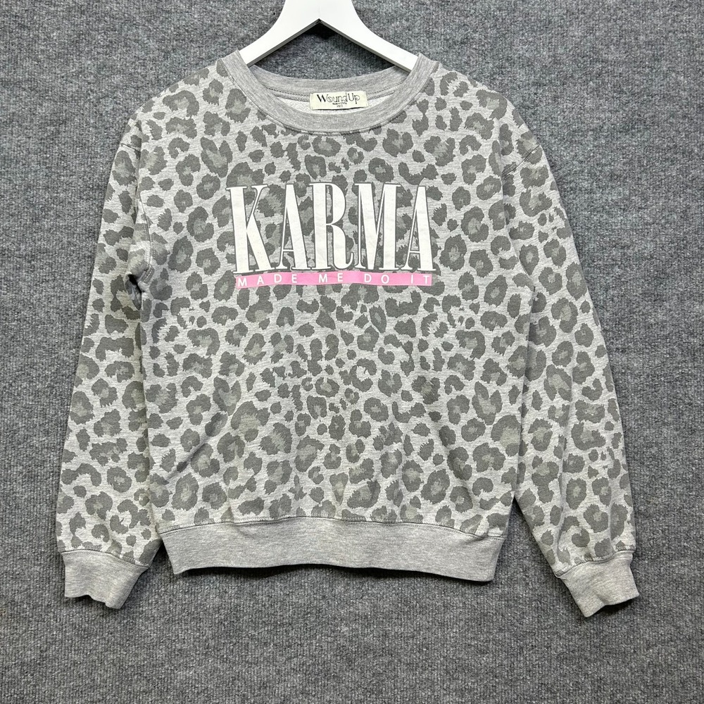 Wound Up Sweatshirt Women XS Gray Good Leopard Karma Graphic Fleece Pullover